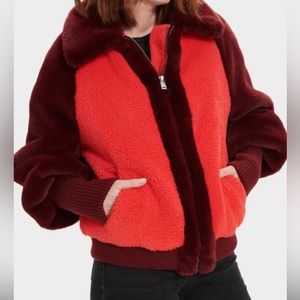 NWT UGG Augusta Sherpa baseball jacket Spanish Red Size M Faux Fur ❤️ $398